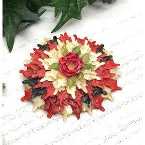 Vintage Brooch Sea Shell Design With Rose And Leaves Made Of Shell Red White And